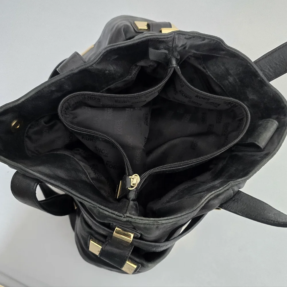 Michael Kors Black Leather Hobo Tote with Gold Hardware